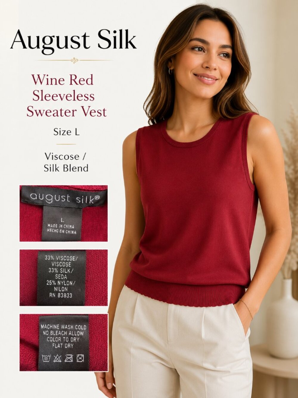 August Silk Wine Red Sleeveless Sweater Vest Silk Blend Size L GUC